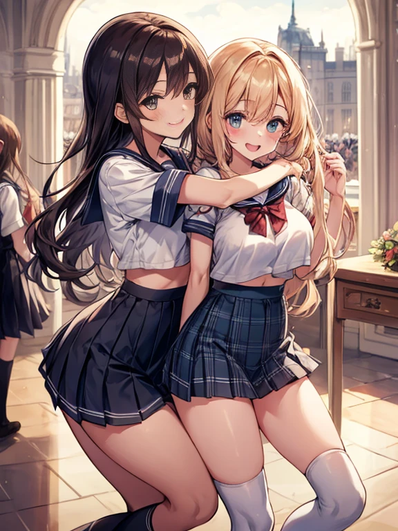 highest quality、High resolution、detailed background、beautiful and detailed face、beautiful and smooth skin、skin texture、professional lighting、Beautiful teenage girl、((three women))、(huge breasts:1.1)、underboob、panty shot、white panties、Hug me playfully、Lifting the chest from behind、
sexy sailor suit、Pleated mini skirt with tartan plaid pattern、cute hairstyle、side ponytail、knee high socks、panty shot、camel toe、
ribbon or barrettes、Things with patterns and embroidery are cute..、smile、laughter、smile、sexual expression、school trip、Pose against a backdrop of buildings and landscapes、Buckingham Palace、Paraty Nail New Palace、castle of versailles