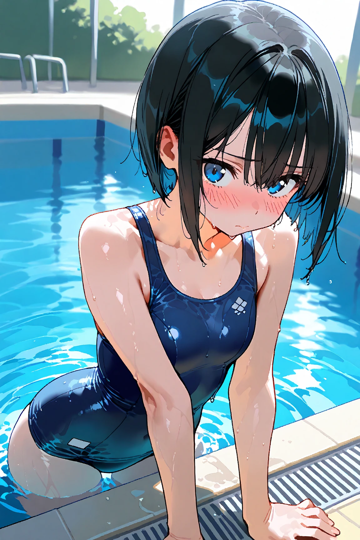 (high quality, 8k, 4K, High Contrast, masterpiece:1.2, 最high quality, Best aesthetics), , Very detailed, Seductive and erotic girl, ,false smile, Forced smile,Shadowy Face,blush,Embarrassed,(Bulging milk, ), Focus on the face, Small face,Complex eyes,, laced , Poolside,Pause waiting for insertion, Black Hair,Spatz-type competitive swimsuit,Toned Body,muscle質、muscle,Gatai is good,Muscular