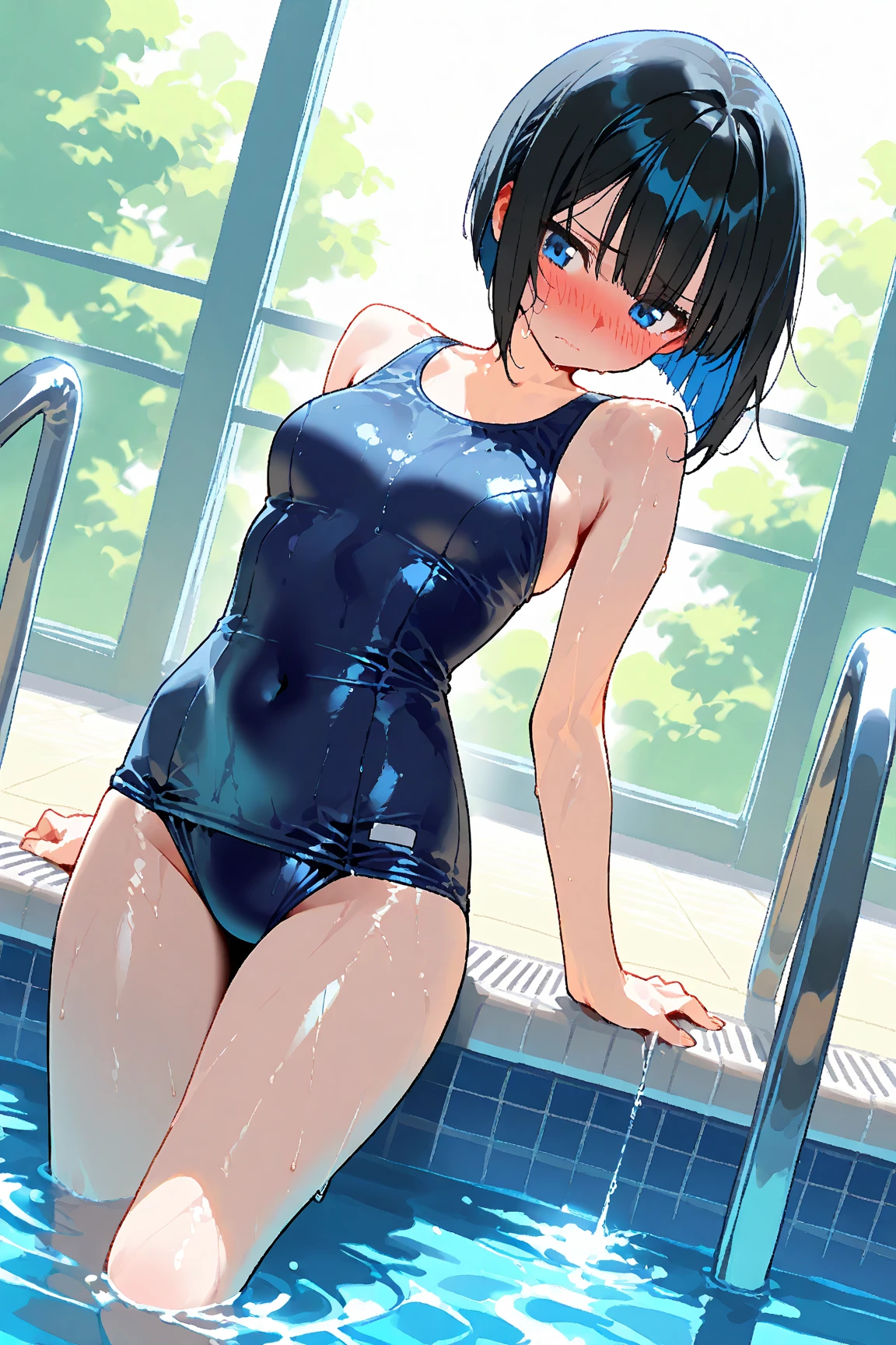 Very detailed CG Unity 8K wallpaper),(masterpiece), (Highest quality), (Very detailed), (Best illustrations),(Best Shadow), Dynamism,16 years old,Purple eyes and purple very short hair,Large Breasts Highest quality、High resolution、Swimsuit with detailed instructions、Lots of junior high school girls、Shiny navy blue school swimsuit、 (Three beautiful girls in wet tiny school swimsuits in the school pool:1.5))、Swimsuit from above、look at me with cold eyes、Swimsuit that glows when wet、My whole body is wet、Hair is also wet、Everything is big, No place to set foot, pack, All braless, Increase in female junior high school students, Sweat, shortness of breath, Big middle school girl, haa, Shyness, blush, plump,