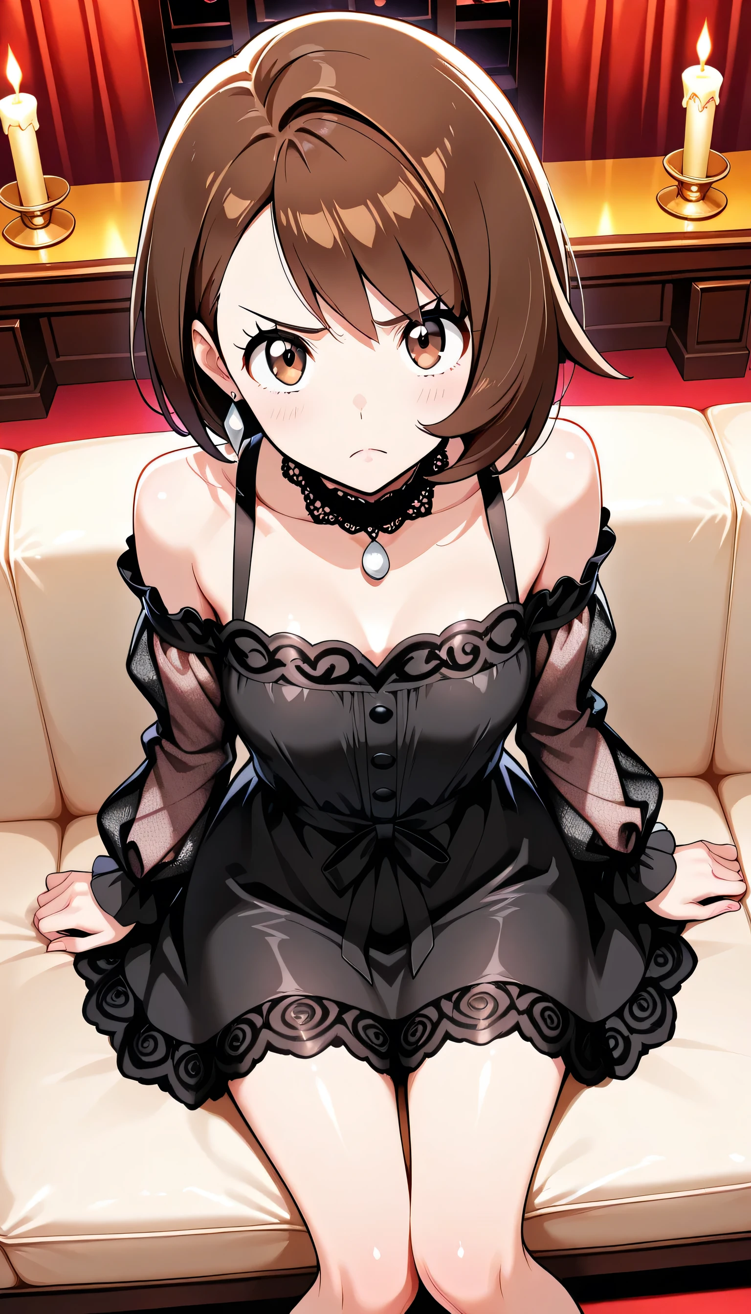 zzGloria, brown hair, brown eyes, beautiful shining eyes, glossy lips , very well detailed目と顔, long eyelashes, perfect face, perfect hand in h, perfect leg, perfect fingertips, (Highest Quality, very well detailed, CG illustration, masterpiece:1.2, Best Aesthetics),She wore a chic black dress with delicate lace detailing and off-the-shoulder sleeves, ,highlighting her elegant yet bold style.Sitting on a sofa, candlelight, cabaret club,(anguish,frown,disdain,shame)look up viewer,from above,Look away