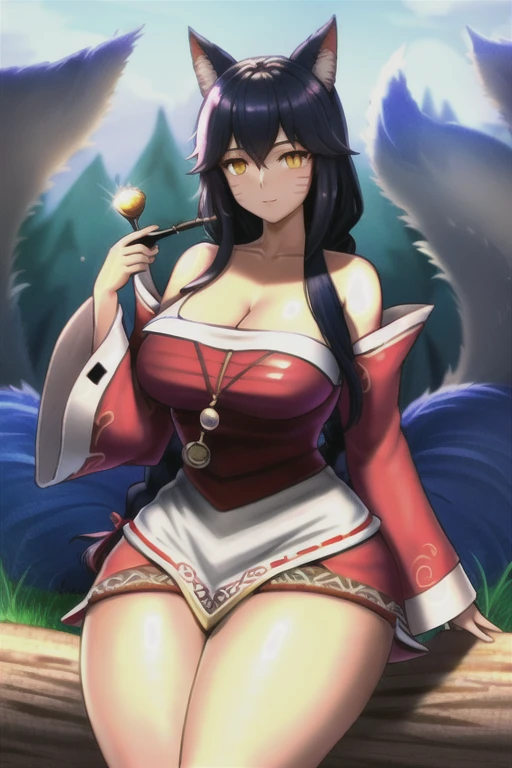 masterpiece, best quality, very aesthetic, absurdres, newest,1girl, covered_nipples, (close-up of face), shushing, silence gesture,wink,one eye closed, smile, grin,finger_to_mouth,,ahri(league of legends), 1girl, bare shoulders, boots, deep purple long hair,,deep purple fox ears,breasts BREAK brown_eyes BREAK (red_and_white_clothes:1.2), cleavage, collarbone, facial mark, fingernails, white fox tail,kitsune, kyuubi, large breasts, long sleeves, magic, white multiple tails, off shoulder, sharp fingernails, tail, whisker markings,in the mountain