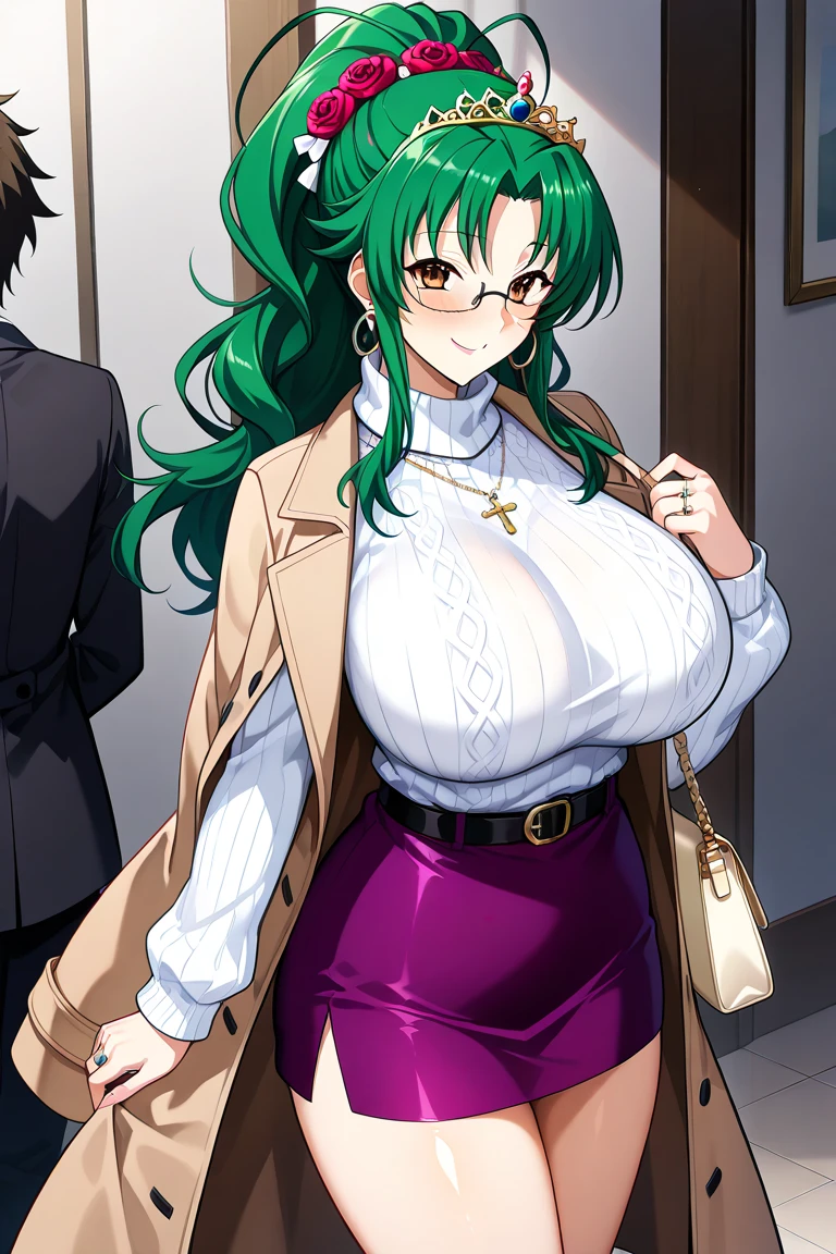 1 girl, 19 years old, Long pink hair, green eyes with slit pupils, master-piece, best quality, (standing up), (red long sleeve v-neck top, leather pencil skirt, cleavage),  (Big , ultra gigantic , Super super big, Glamorous body), front figure, looking forward, (light_Smile:1.5), (Detailed hands and fingers:1.2),  (FULL BODYSHOT), thighs thighs thighs thighs、beauty legs、