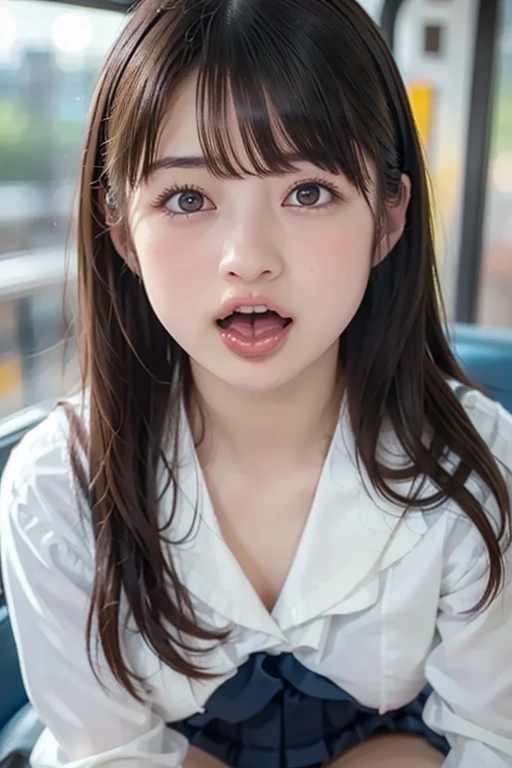 ((Breast enlargement)), (masterpiece, Highest quality:1.2), 8K, Young and beautiful girl, 85mm,Official AR RAW Photos, (Baby Face), ((Small face)), (((Super big breasts))), Detailed nipples, Show me your ears、photo shoot, Cute face, Thighs, Classroom after school, Looking at the audience, Seductive look、smile、 makeup, Film Grain, chromatic aberration, Sharp focus, Face Light, Bright lighting, 10 generations, Detailed face, Background blur、((((((14 year old high school girl))))))、Narrow waist, ((Schoolgirl uniform, Pleated mini skirt)), (White tiny panties), Sit on the floor with your legs spread, (Looking up), Looking down from above, Close up of face and boobs, ((Stick your tongue out and open your mouth)), Sensual look
