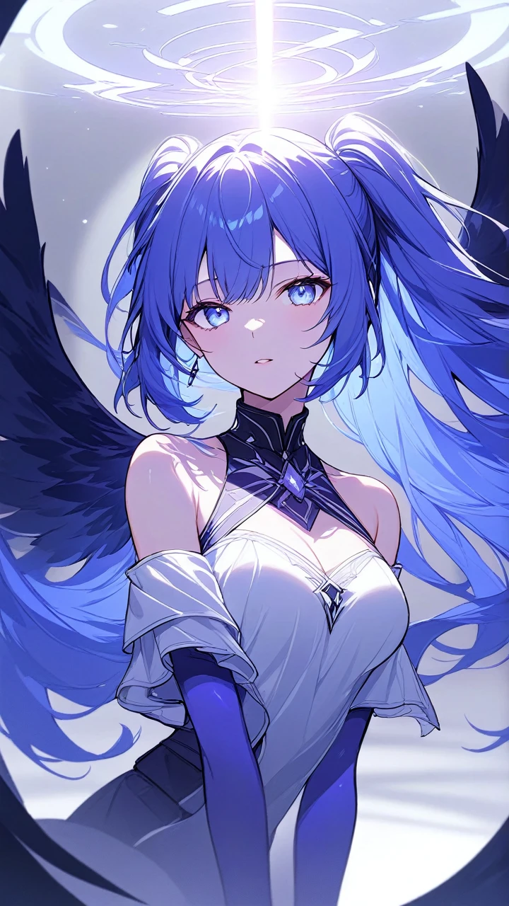 masterpiece, best quality, illustration, (dynamic lighting:1.2), cinematic lighting, reflection, delicate facial features, detailed eyes, ultra-detailed eyes, sharp pupils, star-shaped pupils, realistic pupils, depth of field, bokeh, sharp focus, (hyper-detailed, bloom, glow:1.4), exceptional beauty, alluring face, cute look, multicolored hair, purple hair, shining hair, blue hair strands, ponytail, high ponytail, enchanting purple eyes, two-tone colored eyes, blue eyes, shiny, sparkle, sparkling, elegance, royal dress, princess, princess dress, crown, tiara, jewelry, ornaments, delicate features, 1girl, solo focus, muedium full shot, white skin, intense bright, absurdres, high-res, ultra-detailed, large breasts, huge breasts, perfect breasts, hair ornaments, earrings, perfect arms, perfect hands, perfect fingers, perfect body, perfect, embarrassing, blushing, smiling, angelic, simple background, expert shading, extreme light effects, intense bright, glare, sharp eyelash, red lips, dynamic pose, no exposure, no exposed, no exposing, off shoulder, bare shoulders, perfect shoulders, collarbone, detailed collarbone