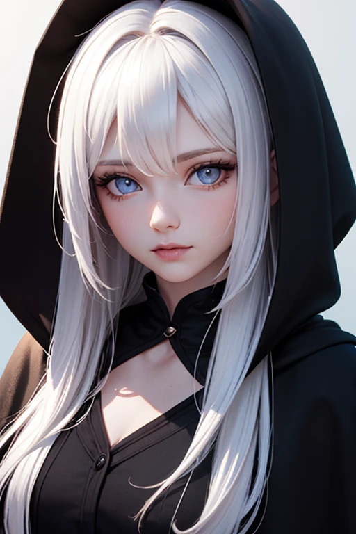 Close Up Portrait young gothic woman. velvet costume dress with hood. Loose wavy hair. Black beautiful necklace. Rose in hands. backdrop night room. holiday makeup red lips dark eyes. halloween image Vampire