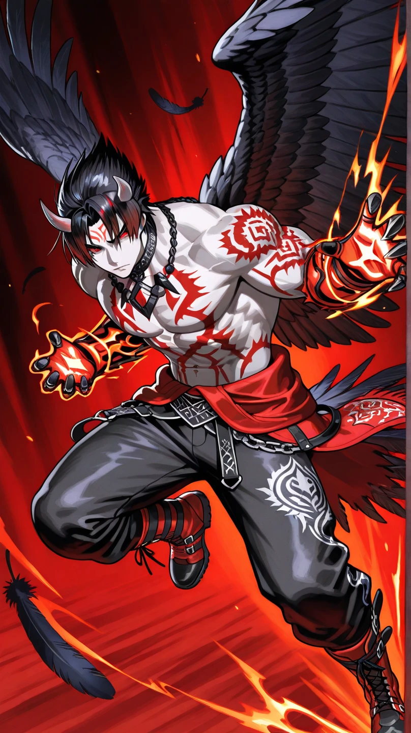 young, muscular, black skin, thug, demonic appearance, red horns, wearing a black jacket and jeans, has tattoos, piercings (The background is the dark night in the alley with some neon signs)