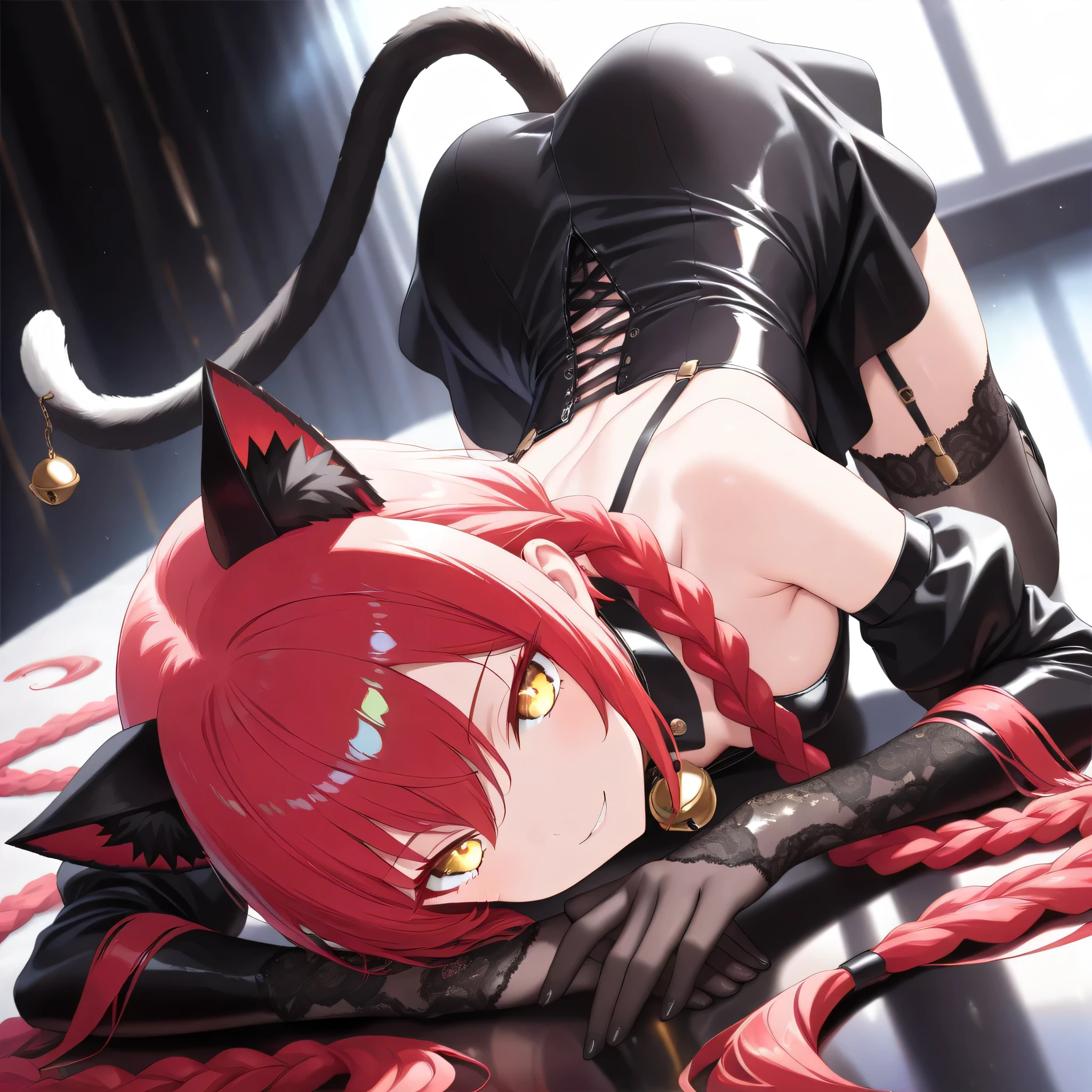 ((Anatomical body)), ((Laying down, seductive pose)), ((Ground view)), ((Shallow focus, depth of field, focus on eyes)), ((Backlighting, dynamic light, natural light)), ((Ultra HD, 4K, 8K)), ((Best Quality: 1.2)), ((Details: 1.5)), ((Detailed Background: 1.5)), ((Gothic Atmosphere: 1.3)), ((Soft, pastel, colorful, detailed, high quality, masterpiece, stunning illustration)), ((Sketches, Doodles: 0.8)), ((Flat color, thick lines, bright colors, pop art))

Petite, cat girl, cat ears, cat tail, red hair, very long braided twintails, glowing golden eyes, very long eyelashes, colored eyelashes, eyeliner,  seductive cruel smile, tilted head, sharp gaze, wide open eyes, healthy skin color, perfect face, perfect eyes, perfect hands, perfect fingers, arched back, fashion model S pose, graceful, alluring expression, gothic elegance, soft yet intense look

Gothic black luxurious dress, red and black and white hooded open shoulder front slit goth dress, open overpick, deep cut in back, elaborate back tattoo, lots of frills, lots of ribbons, black lace gloves, black garter belt, black thigh-high socks, sparkly garter stockings, stockings, short skirt, dress flowing elegantly, bell collar, cute shoes, exposed shoulders, seductive posture, alluring charm

Sparkly water droplets, mist-covered graves, soft glowing fog, eerie gothic background, dark and mysterious setting, melancholic yet enchanting, raised contours, intricate shadows, high contrast yet pastel elements, pop-art aesthetic infused with gothic darkness, surreal ambiance, ultra-detailed rendering, soft yet striking composition