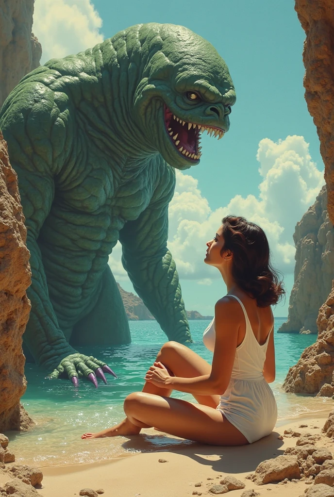 Beautiful girl, oval face, wearing a sexy bikini, swimming in the sea, behind is a godzilla about to attack a Jeager