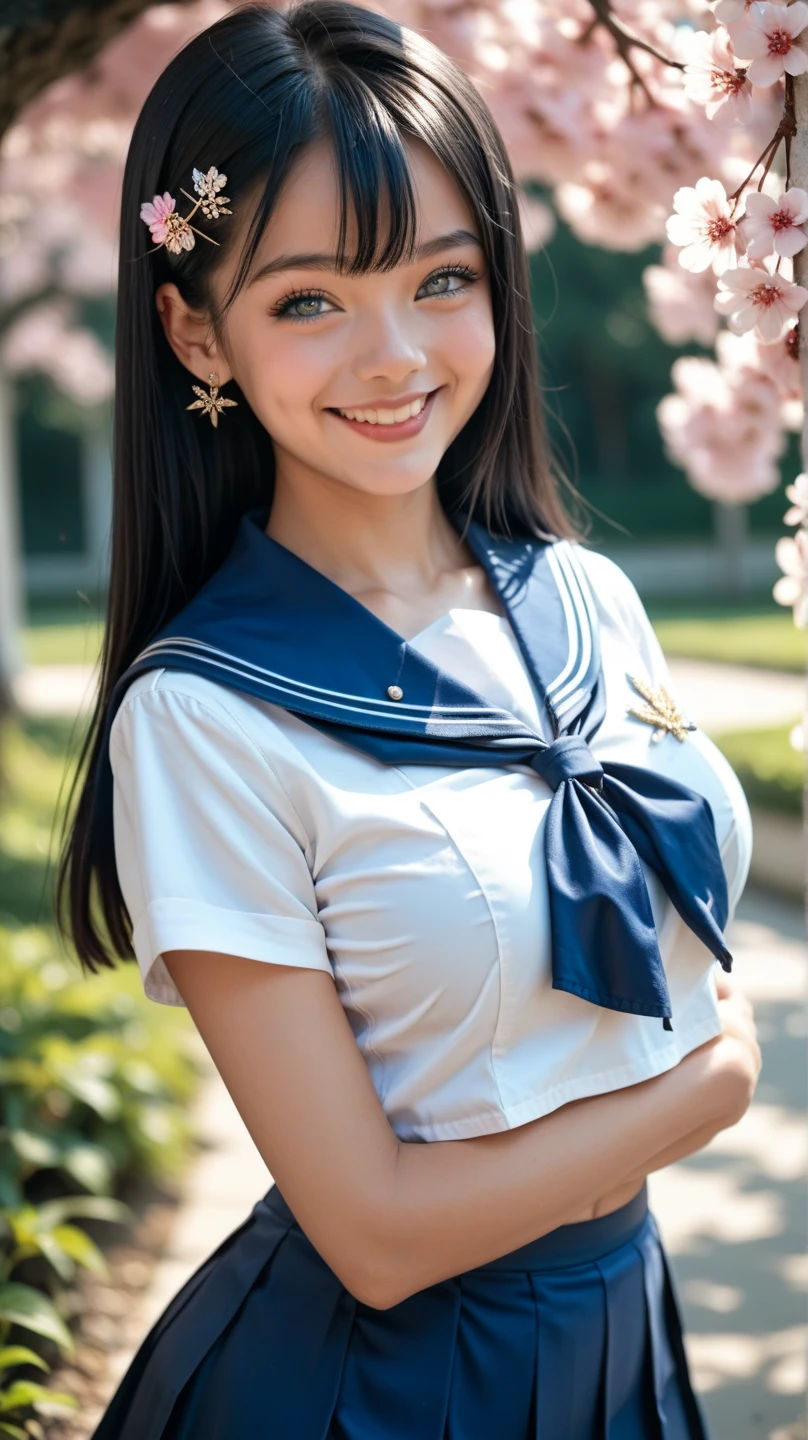 neat college girl, (school uniform, sailor uniform, ribbon tied at chest, summer uniform, upper body white, skirt dark blue, short sleeves), outside the athletic field, (slim), photorealistic, detail, skin texture, ultra detail, delicate and collarbone, smile, super detailed face, detailed lips, detailed eyes, double eyelids, small breasts, small breasts, small, small, flat chest