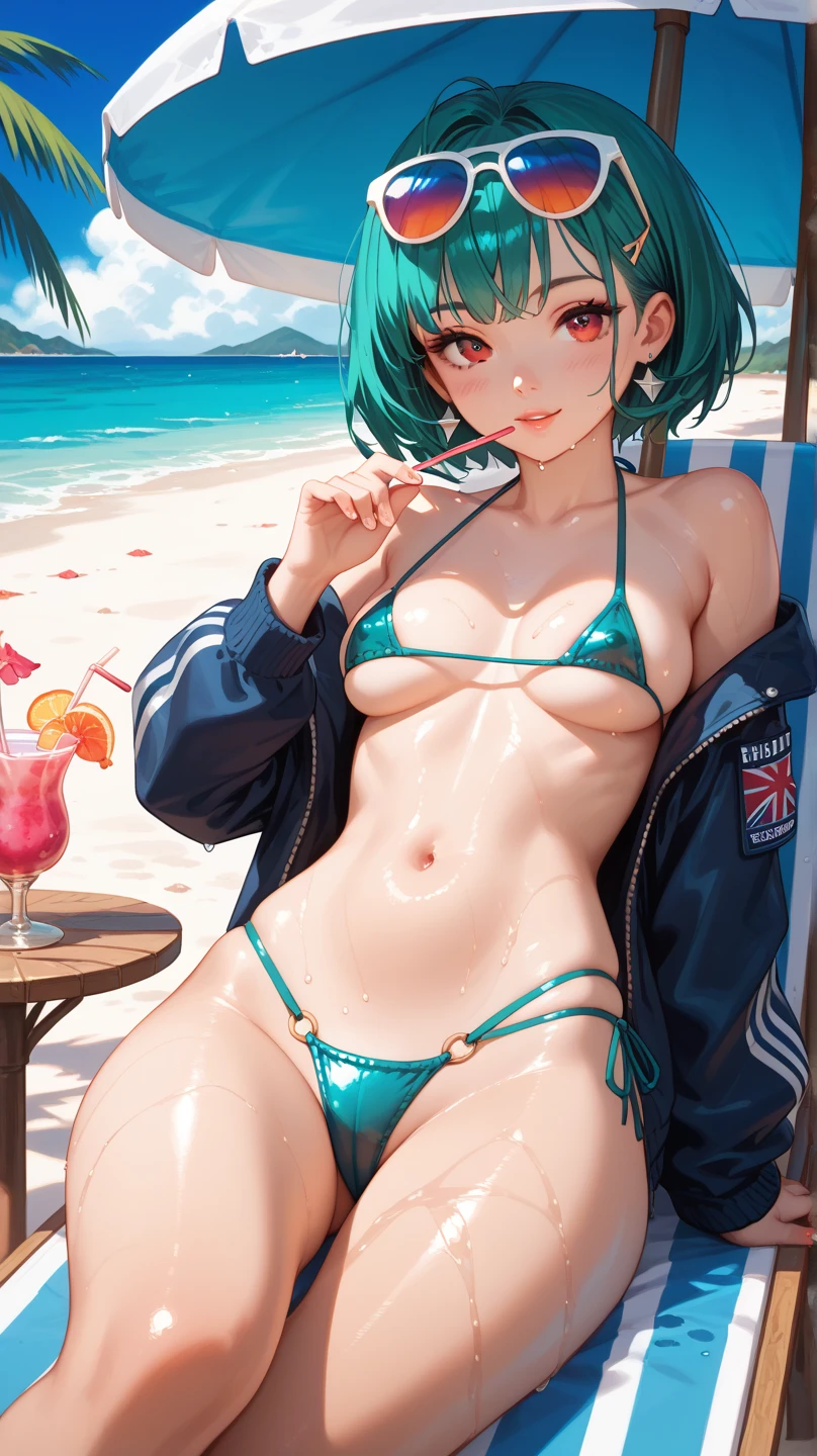 (((Micro bikini that accentuates sexy breasts:1.75)))、(((Sexy knee-highs:1.35)))、((((Emphasizes the sexy crotch:1.35)))、((((Spread your legs wide、Touching the thigh、Showing off your crotch、Thin pubic hair sticking out、large pointy breasts))))、((Boyfriend and girlfriend having sex in missionary position:1.5))、((Sexual pose:1.5))、((Spread legs POV:1.5))、、Browsing Caution、(Humans are biologically correct、references) 、 lose extra limbsslim limbsextra numbersmutated hands and finger fusionfingersslim bad handslong necklong body anatomybad deformationbad deformation no extra breasts、Not Futanari、(8k, Highest quality, masterpiece:1.2),(Highest quality:1.0),超High resolution:1.0, Very detailed, give, 4K, Absurd, High resolution, View your viewers, Exposing shoulders, lips, parted lips, smile, Medium chest:1.3, Medium Full Shot, sunset, Evening sky, Wind, Wind:1.2, Mature Woman, Medium Hair, Aqua Eye, Green Hair, Casual clothing, Wear a cardigan, Medium Full Shot, Cowboy Shot, Parted bangs, Show your forehead