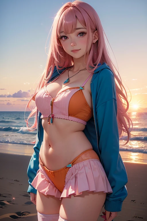 Very detailed background, Masterpiece, Best Quality, 1 girl, European Girl, 独奏, mature muscular girl, abdominals, ((Masterpiece, Best Quality)), Better aesthetics, Zero Two, , (Evil grin), (darling in the franxx), darling in the franxx , Bangs, Acrimonious, blusher, ombre, Green eyes, Hair behind the head, hand on the belly, Horns, Long hair, looking at the viewer, makeup, bathing suit, Red microbikini, pink hair, red ombre, On the sea beach, sandy beach, skin stretched, lying on sand, overhead view