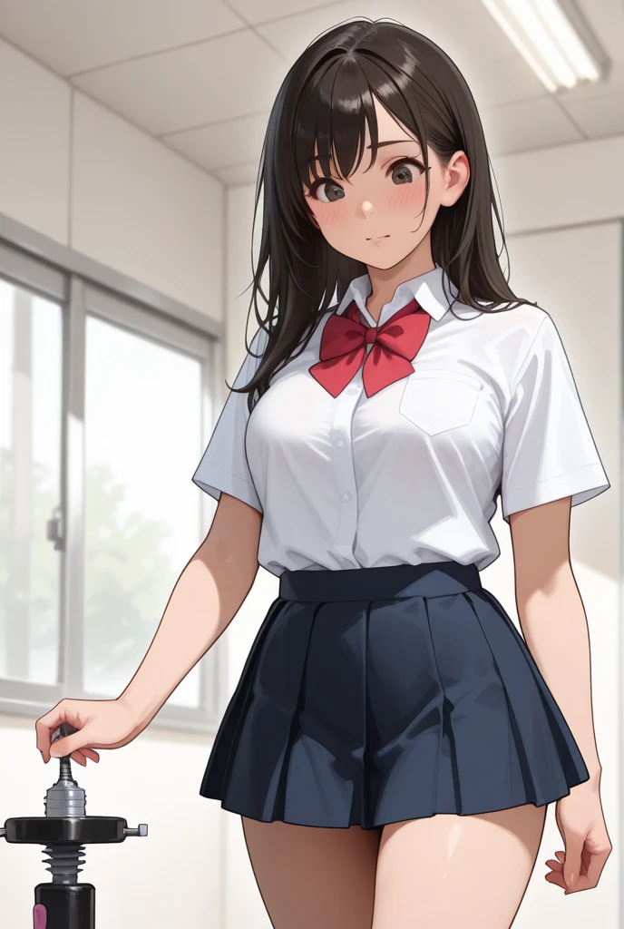 ((Tabletop, highest quality, High resolution, Hmph, Pixel Perfect, 4K, Hmph, Hmph))), One Girl, single, alone, beauty、The whole body is visible、 ((Mid-wave hair, bangs, Brown Hair)), ((Brown eyes, Beautiful eyelashes, Realistic eyes)), ((Detailed face, Blushing:1.2)), ((Smooth texture:0.75, Realistic texture:0.65, Realistic:1.1, Anime CG Style)), Center of chest, Dynamic Angle, Perfect body, ((Red bow tie, , , White shirt, Black plaid skirt)), School locker room、Standing at the locker、Very embarrassing panic smile, 、look back、Leaning forward(、、Use both hands to lift up your skirt and show your panties、Her white and light blue floral lace panties are completely visible)、Angle from below