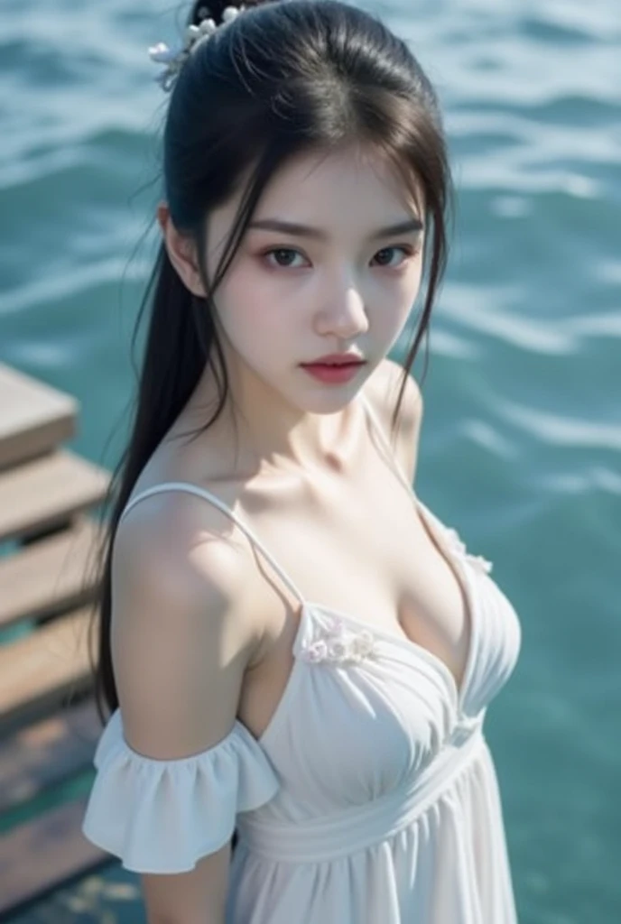 Faure、(Happiness like a goddess:1.2)、Japan idle、(RAW photography:1.2)、(真实感:1.4)、(tmasterpiece:1.3)、(exquisite detailing:1.2)、Delicate and beautiful details、(Eye details)、(detail in face)、(Female, 20 years old)、Curta、Beautiful breasts、Big breasts Thin waist、skin-tight、(Looking_at_peeping at the viewer)、(Floating:1.2)、dynamicposes、large circle earrings、Slim_Legs、(top-quality:1.4)、(Hyper-Resolution:1.2)、cinematric light、(very detailed illustration)、 (Gloss on lips、eyeslashes、top-quality、超A high resolution、depth of fields、Caustics、Wide light、naturalshadow、85mm、f / 1.4、iso 200、1 / 160 sec:0.75)、(Mare、Eau、water_Drop、moisty、foamy、On top of the water:1.5)、Crawl underwater