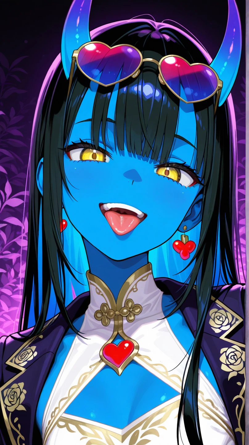 1 blue oni girl, light blue skin, black hair, yellow eyes, Hoari, kimono, smug face, red face makeup, sharp tooth,
