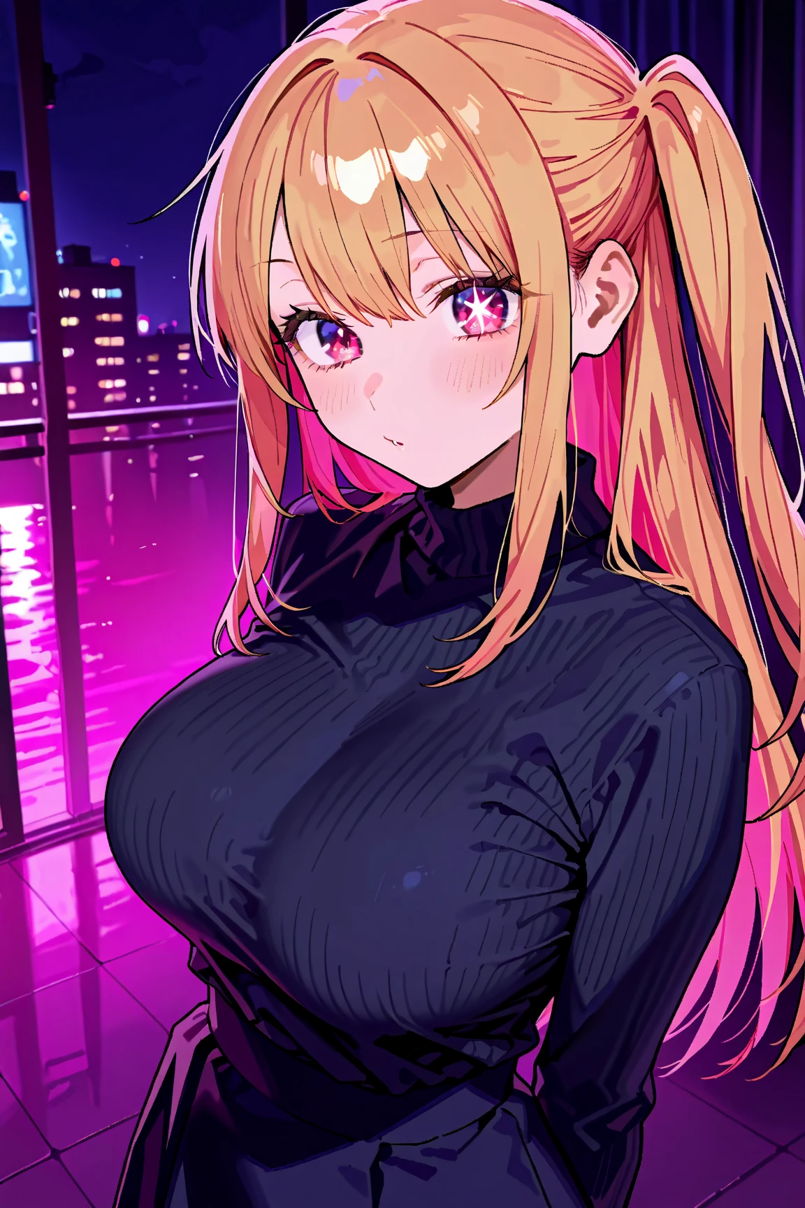 (solo)、lady,(blonde hair:1.0)、(shiny red small eyes:1.1)、(highponytail:0.9)、(long hair:0.6)、(A small red ribbon in her hair:0.8)、middle breast:0.8、Black sleeveless shirt、black long skirt,cowboy shot、blush,from front,from above:0.7,She glabs POV hands,LoveHotel background、evening sky,Pink neon sign、Pink lighting、half-closed eyes,closed mouth,in heat,
