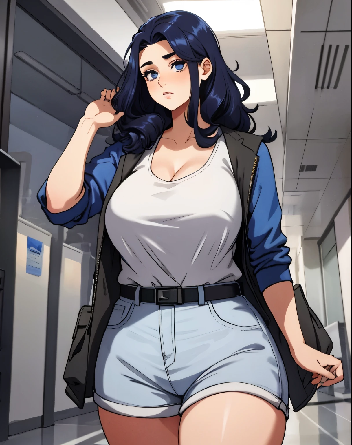 1 girl, tall chubby woman. In a university. long length messy hair. Color #FFF8C9 colored hair,Wearing a beanie. Wearing a cozy plaid hoodie, smaller . Wearing mini skirt. Carrying a coffee. Eyeliner, baggy eyes. Mature, tall. Blushing, shy. curvy, embarrassed, in color, plump, small ,