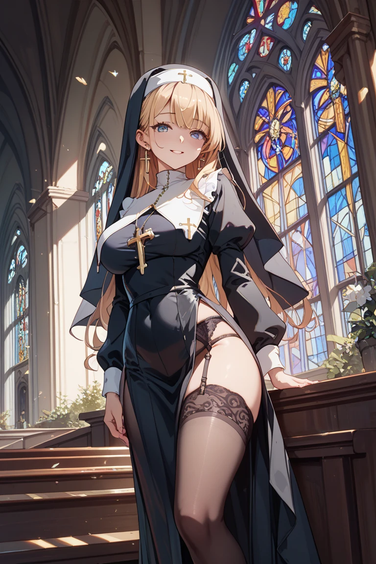 (mature woman),(((mature woman,adult woman)))​,highest quality, Super fine, maximum resolution, very detailed,big breasts,T-back,long hair,In a church,1 girl,(skirt),((nun)),blush,over knee socks,from below,Masseter muscle part,white panties
