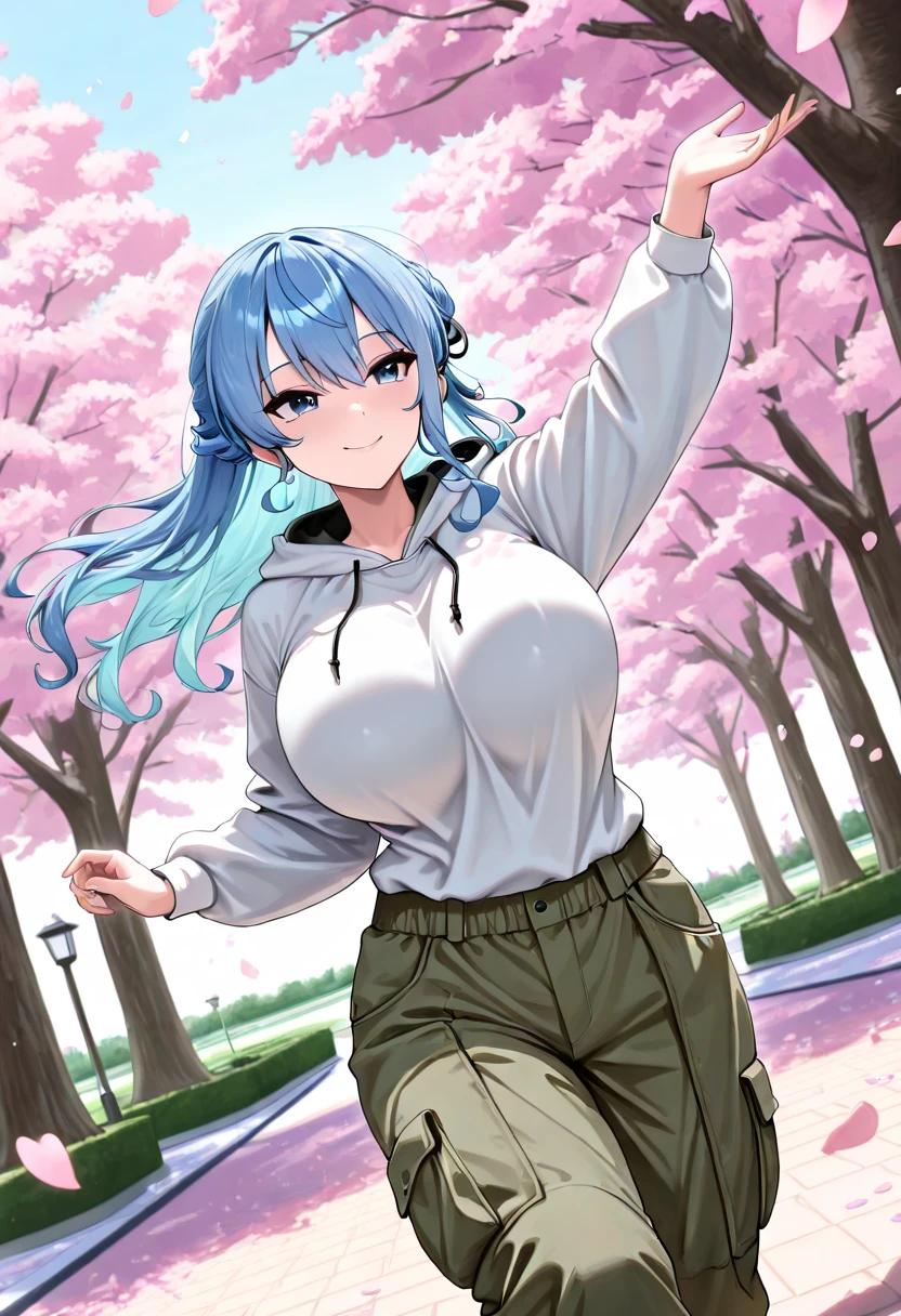 blue_hair, long_hair, bangs, horns, purple_eyes, ahoge, breasts, blush, goat_horns, sidelocks, bell, medium_breasts, large_breasts, neck_bell, ((masterpiece)), (Professional Photography:1.2), camelliamix, from above, flat body, Beautiful flowers bloom, (sparkles), (There is a blooming camellia)，standing under a tree, (head looking up), Look at the tree, Natural soft light, macaron, Still ethereal, Crisp and smooth lines, radiant morning light, soft luminescent glow, ((gym clothes, navel, jacket, spat, sleveless))