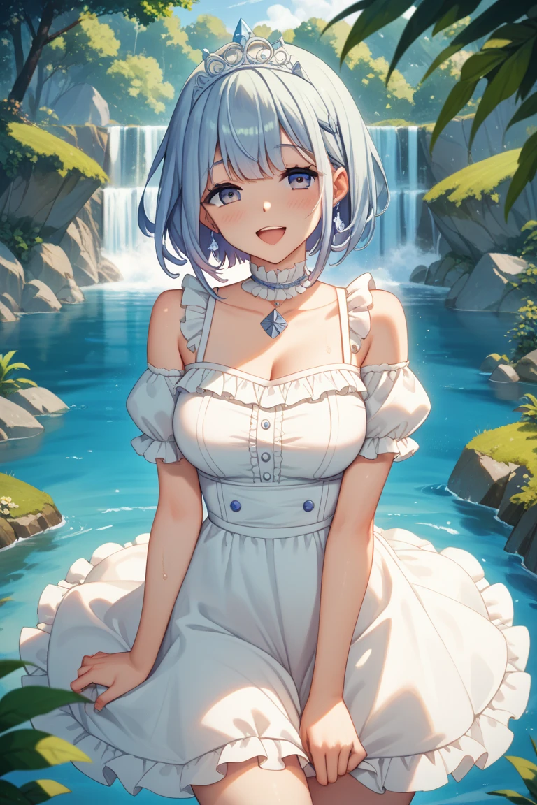 ((4K, master piece, Best Quality)), 1girl in, Light blue center part medium hair, Pony tail, Forehead, Pale yellow eyes, medium breasts, beutiful breast, Pure white dress, Smile, blush, Cute, ridge, sunny mid day, Sunlight