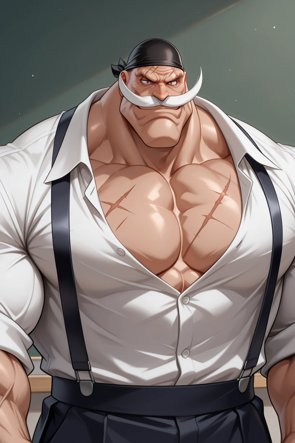 a close up of a man with a tie and a shirt on, as an ugly titan, luffy gear 5, okabe rintarou, blob anime, from one piece, fujita goro!, kentaro miura manga art style, real life big mom, as a titan, oda non, best anime character design, menacing look, hideaki anno anime