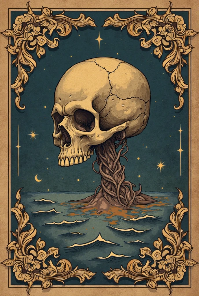 "Imagine a mysterious skull, adorned with intricate designs that dance across its surface. On it, 3D sculpted roses stand out, displaying a delicate, almost palpable texture. The petals appear in contrast to the cool colors that dominate the scene. Interlaced leaves create shapes that resemble a ballerina. The scene is painted in shades of deep blue and enigmatic purple, revealing subtle reflections and a delicate, beautiful, slightly golden light that comes from a fountain of life and hope. In this composition, the duality between shadow and beauty creates a unique harmony, awakening the senses and inviting reflection on the mysteries of human existence." --auto --s2