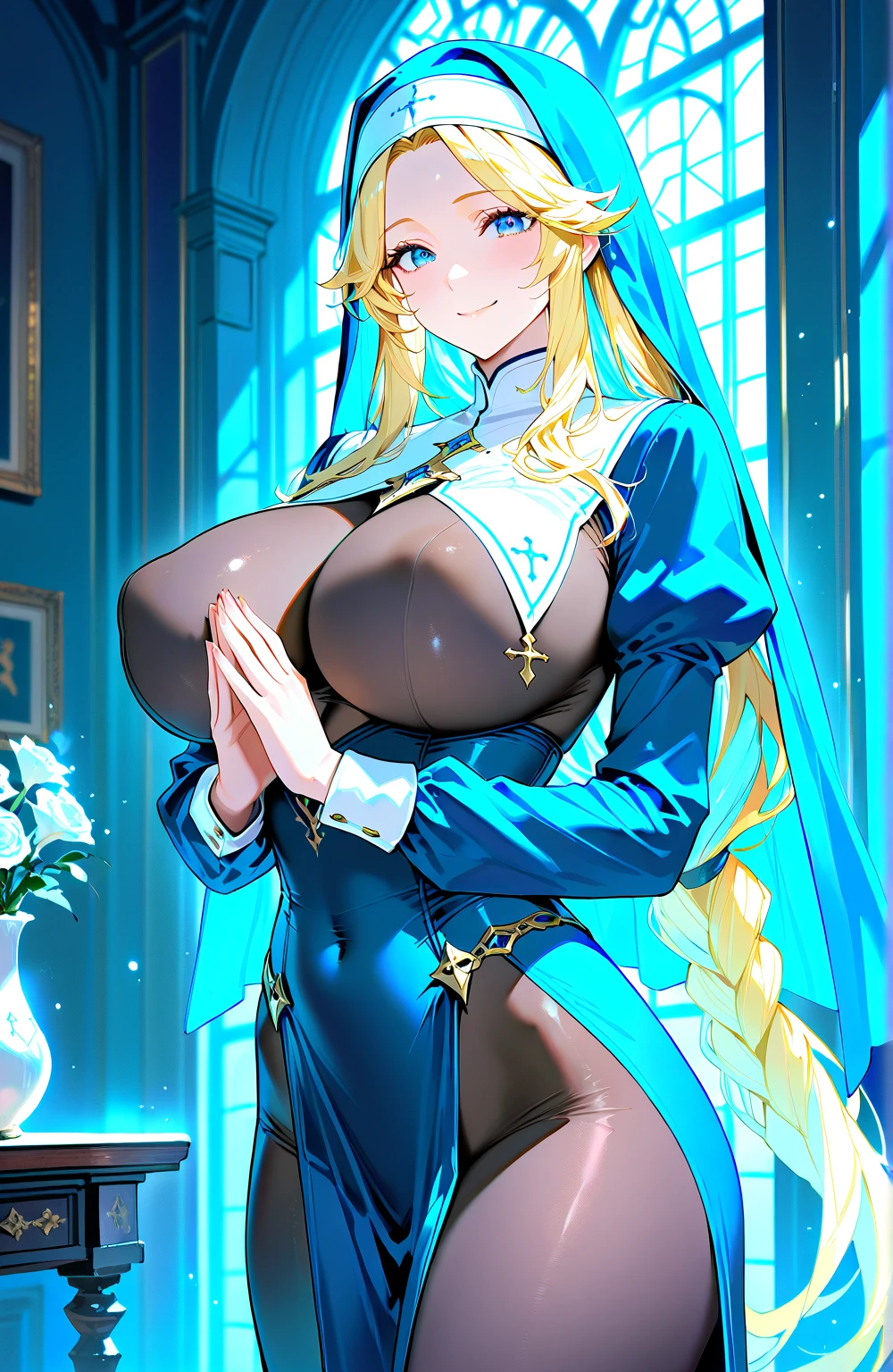 Texture CG, ((Ultra Detail Art)), ((master piece)), (extremely details CG), 1girl in, Solo, Fantasy, blond Long Hair, (((White Puff Sleeves))), Ragnarokács, Pointing Pose:1.5, both hands in front, ((Halloween Party)), Lori, , Loli face, C, Beautiful detailed eyes, gleaming skin, with eyes half-closed, blank eye, Cross-eyed:1.5, Blue eyes, lightsmile, embarrassed:1.4, , white thigh highs, Gold Sash, Cowboy Shot, Huge breasts ,Breasts out,(Nipple election :1.3),(See-through nipples:1.3) hair between eye, White blue dress from neck to chest, pelvis curtain, (from the front side:1.5), cleavage cutout, Long blue skirt with slit, (Blue Wide Sleeve), (Blue Dress Short Front,(See-through 1.5)), ((Torn panties)), Plain Air, Cemetery at night ,Special twine panties,((White thong)),((Thong Panties)),((See-through thong :1.55)),((show off thong)),((pantyshot)) ,From below,