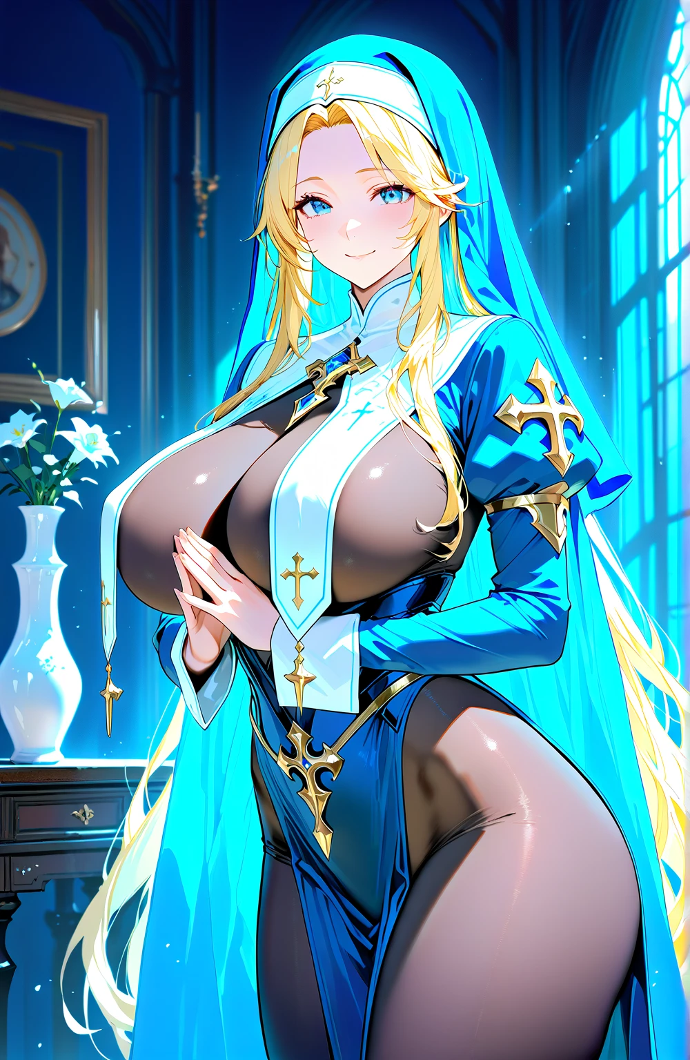 Masterpiece, ultra detailed, princess zelda, blonde hair, blue eyes, 18yo, (gigantic exposed breasts:1.2), pink hard nipples, slender, shaved pussy, posing on a river,