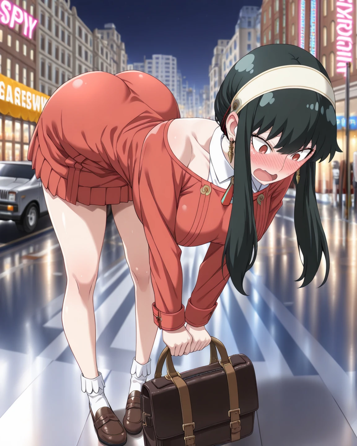 Mature female, pubic hair, standing, on the street, embarrassed, erect nipples, blush, bottomless, wet t-shirt, in public, everyone watching