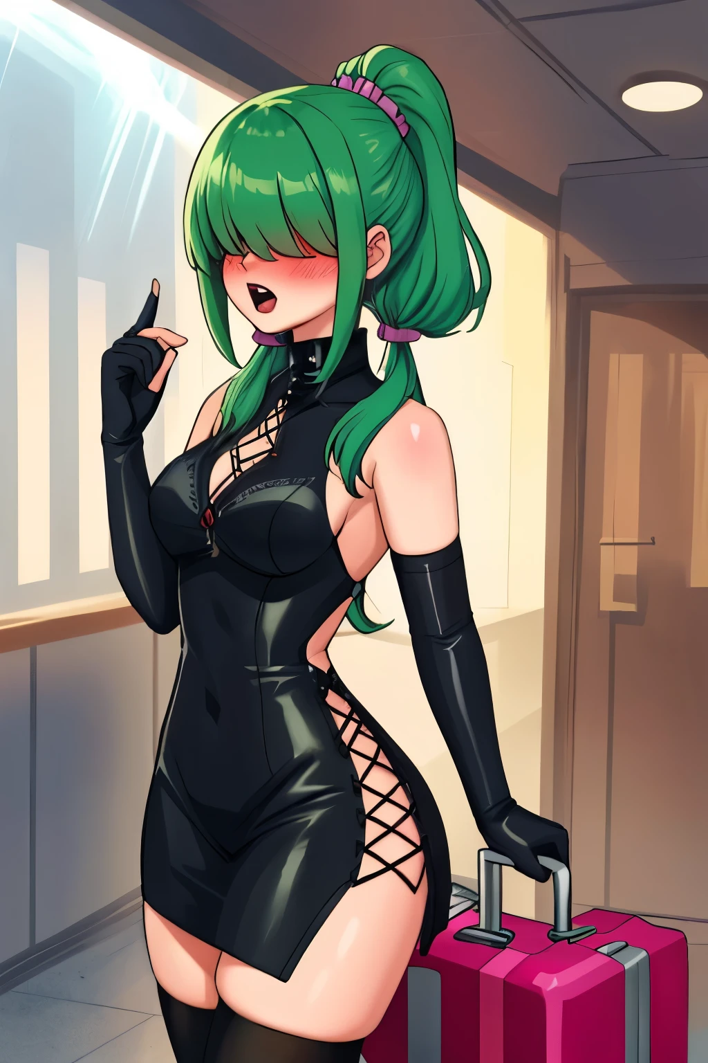 masterpiece, best quality, highly detailed, 8k, horror background, anime, 1girl\(20-year-old, queen, grinning, evil, athletic:1.2, muscular:1.2, abs:1.2, long legs:1.4, curly red hair, big breasts, green stockings, green thigh boots with high heels, revealing clothes:1.2, slender waist, tight butts, beautiful face, red eyes, dynamic pose\), full-body image:1.2