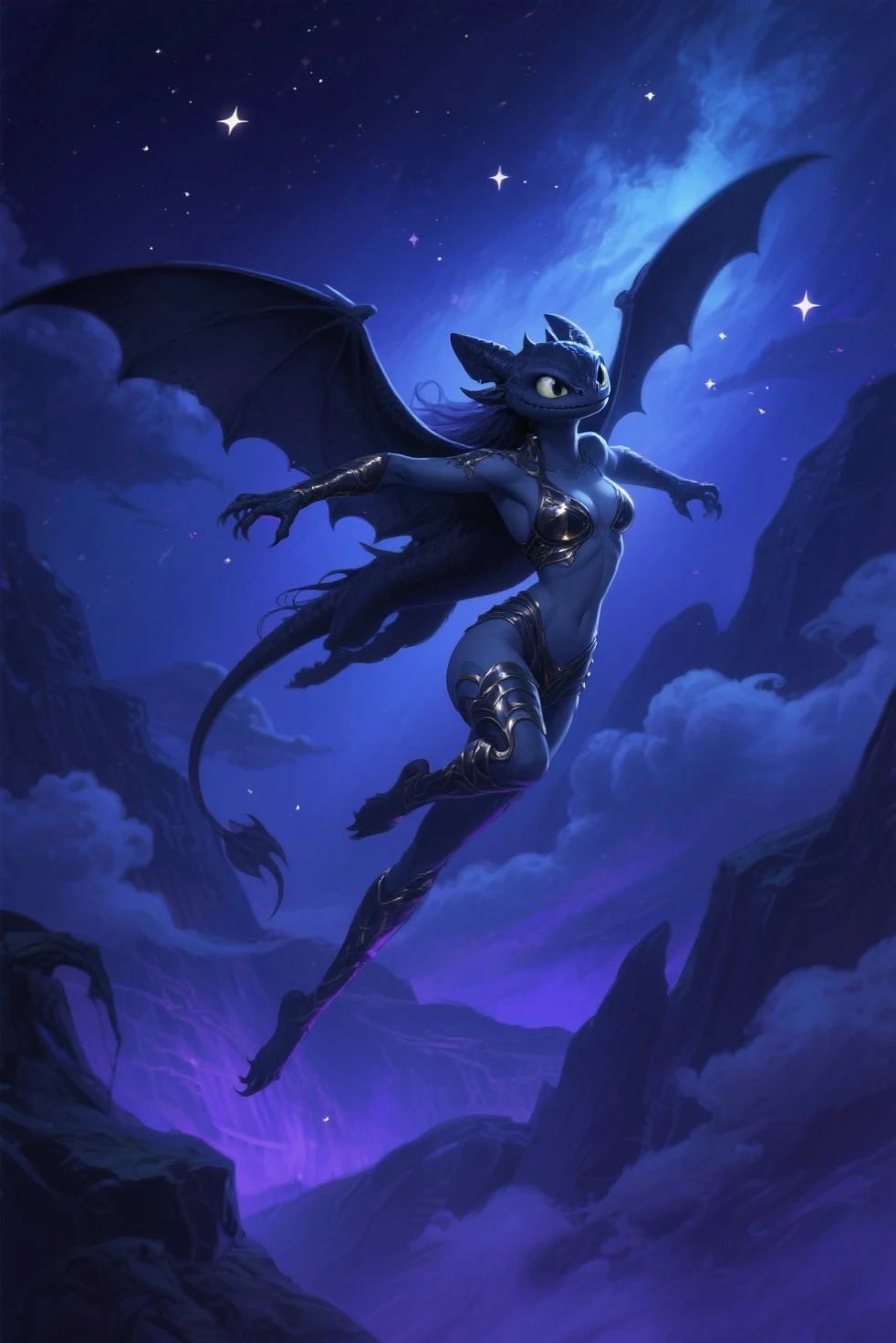 1 girl, black skin with blue, Arab,(falda Arab) furry, furry art, the debt, witch clothing, malignant aura, dragon wings, body with scales and feathers, energy ball, casting sorceress spell, red evil eyes, angry face,evil spell, black aura, seductive pose, standing ass, tail up,camel lip on the crotch His eyes are large and expressive, Resplendent irises of blue and purple hues