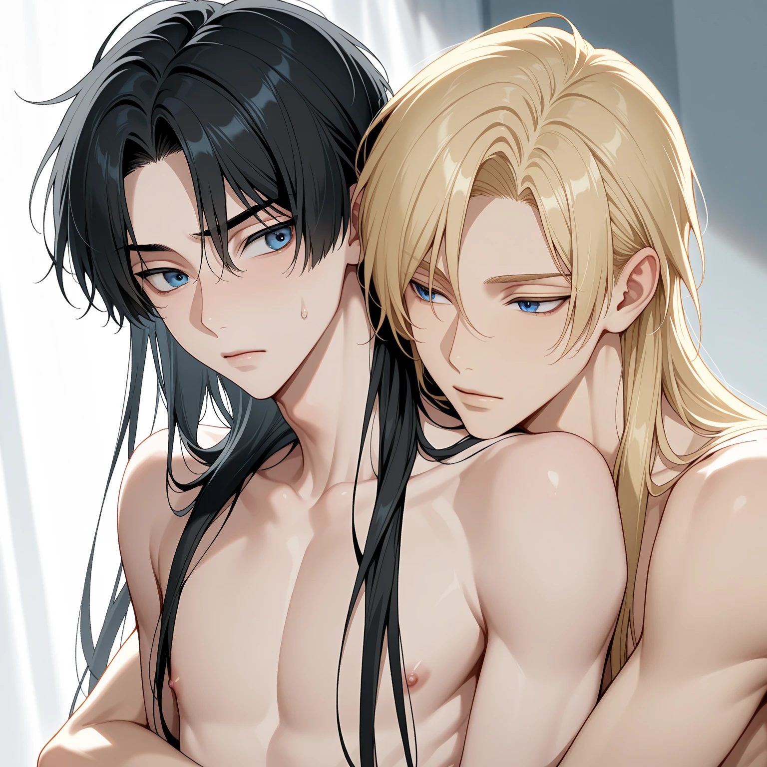 BL, Intimate, men with long hair, 2 guys, adult content,fully naked, top and bottom, handsome, style of 3d anime, proportions are correct, neck details, kiss mark details, hickey details, bite mark details, handsome, seducing, high quality, refinement, a lot of details, there is adam's apple, hands details, face details, body details, beautiful, in bedchamber, high quality, a lot of details, 2 men, hard on, hard on details, bulge, bulge details, high quality, alot of details
