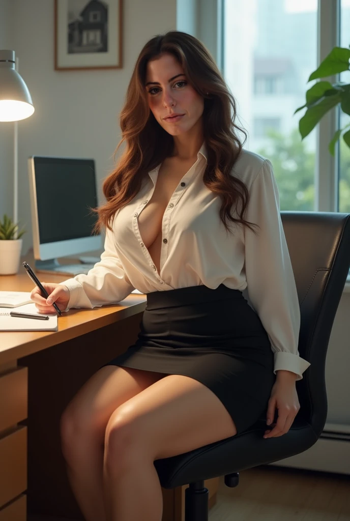 Beautiful European woman, red-gold hair, long hair, braided hair, gray blouse, black pencil skirt, cleavage, secretary, office, green eyes, pale skin, light freckles 