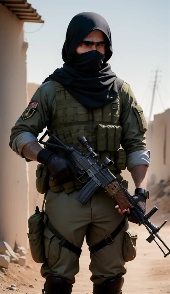 1 homem , soldado americano, capacete de fuzileiro naval, fardado, meio corpo, Afghanistan, with rifle in hand, scarf around the neck, hora dourada, guerra, Uniforme de Combate, fuzileiro palestina