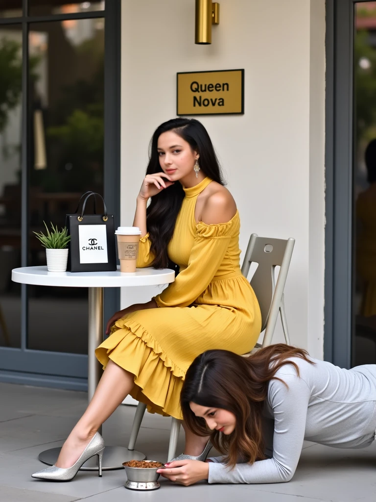 A woman sits at a small white round table outside the modern building. She wore a yellow dress with open shoulders and tufted lining and long sleeves. The dress has a high neckline, with a bodice that fits around the body and a frilly skirt that expands to above the knee. He was wearing dangle earrings. Her long, dark hair is styled in loose waves, falls gracefully on her shoulders. Her legs were crossed and she wore silver high heels decorated decoratively at the toe of the shoe. She held a disposable coffee cup in her right hand and put her left elbow on the table, } her hand touches her chin in an attentive pose. On the floor in front of the table, another woman with brown hair was prostrating. He was wearing a light grey long-sleeved shirt and was eating from a metal dog bowl placed on the floor. The bowl contains dog food. on the table , on his right , there is a black Chanel handbag with gold-colored hardware. Next to the handbag is a framed sign with the Chanel logo. A small decorative object of light and soft color is also placed on the table, behind the handbag and the sign. The setting looks like an outdoor seating area in a cafe or similar place. The background featured windows or large glass doors, reflecting the surrounding buildings and trees. The wall behind her is pale white or light beige, and the gold rectangular sign with the word "Queen Nova" in black capital letters mounted on the wall above and slightly behind her. A a gold-colored wall lamp is installed above the sign. The overall color palette is calm and sophisticated, with neutral colors and a touch of luxury from Chanel products. The lighting is soft and natural, likely from sunlight, thus creating a calm and relaxed atmosphere.