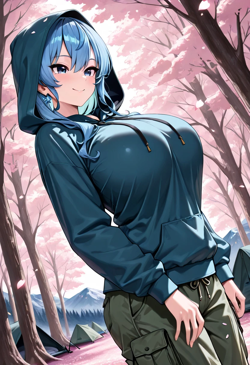 (masterpiece:1.2), best quality, high resolution, unity 8k wallpaper, (illustration), extremely detailed face, perfect lighting, extremely detailed CG, cowboy shot,1girl, solo, shimarin, blue hair, long hair,bun,(flat chest),blush,closed_mouth, outdoors,camp site,public indecency,undress,Down jacket,(nipples,navel,white panty),[detailed eyes:1.3, perfect hands, detailed hands, five fingers:1.3],