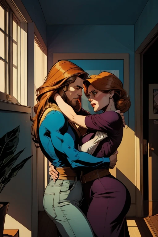 ""leggy redhaired woman in short shorts" sitting onto dead guy's neck, holding his head between her hands. "woman on top of man" woman on man shoulders" "sitting on his shoulders" "woman is holding deadman's head" "sitting onto shoulders". woman sitting man shoulders, the man's back is against a tree.