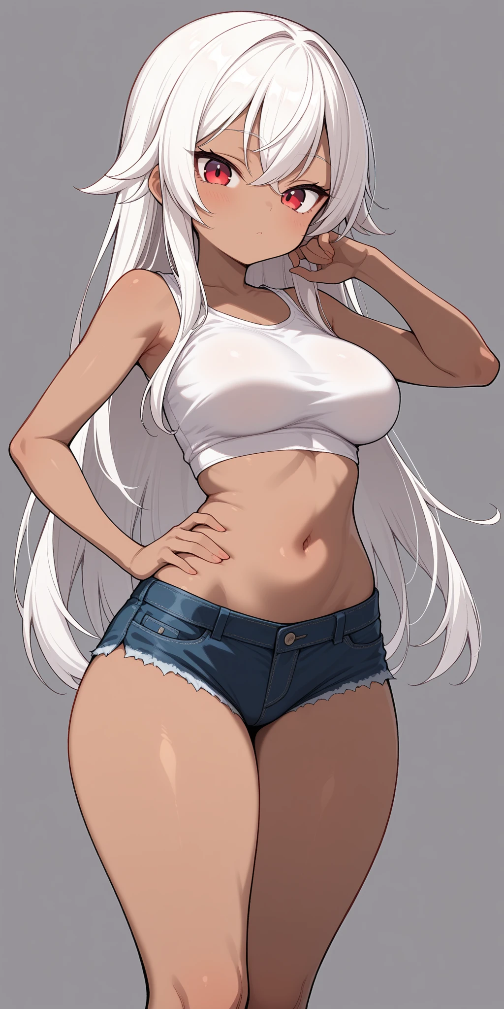 Photo Info: Beautiful, perfect photo, HD, top-quality, masterpiece, perfect hands, cowboy shot, (((Medium-long straight white hair))), (((middle part))), goes over shoulders, ponytail, multiple ear piercings (lobe, helix, and orbital ear piercings),short, cute, lots of makeup, blush on cheeks, long lashes, large doe eyes. 1person, ((((brown eyes)))), confident, round features, tanktop and jean shorts, big smile, wide hips and really thick thighs