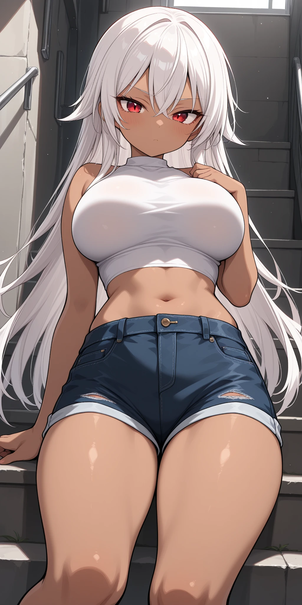 (Best quality at best,Unbeatable masterpiece:1.4),Ultra-detailed CG 4K,Gilet blanc，Single high ponytail，White slit shorts，Huge cleavage，Nipple presentation，Long white hair，AS-Adult，hair covering one eye，smooth thigh，standing with legs apart，Nipple presentation，navel，Lower breast，Breasts enlarged