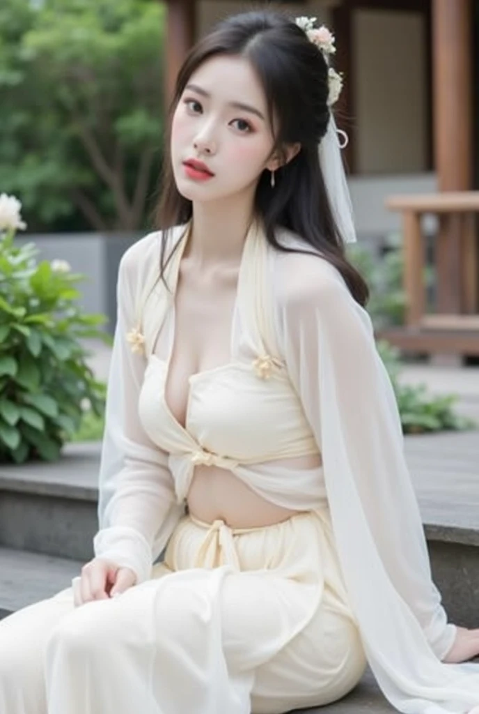 hanfugirl,hanfu,RAW, symmetrical,High detail RAW color photo professional close photograph, full figure, slow motion, 1girl sit on bed, black hair, (sexy:1.3),(mid breasts),octane ,(close portrait:1.3),(Feminine:1.4),(beautiful:1.4),(attractive:1.3),handsome,calendar pose,perfectly detailed eyes,studio lighting,thematic backgroun <lora:lora-hanfugirl-v1-5:1>