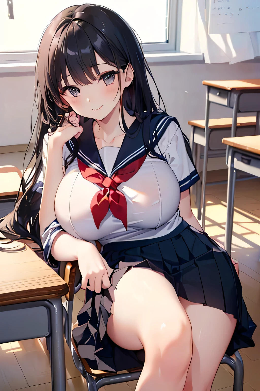1woman, droopy eyes, eyeshadow, (eyelashes), violet eyes, blunt bangs, longhair, lip, pale skin, sailor uniform, pleated skirt, over knee stocking, zettai ryoiki, nsfw, library