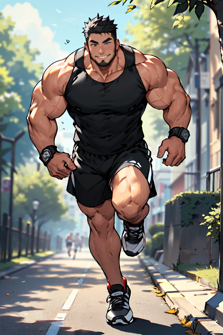 ((By Syuro)), ((dinosaur, scales, snout, Muscular male, big pecs, huge pecs, man boobs, moobs, hyper muscle, nipple bulge, wide shoulders, purple scales, scales, detailed muscles, detailed)), ((determined expression, jogging, running, ((sweat, sweat drops, sweating, sweaty)), (basketball shorts, gym shorts, grey shorts), ((bulge, big bulge, detailed bulge)), (tank top, black tank top), park scene))