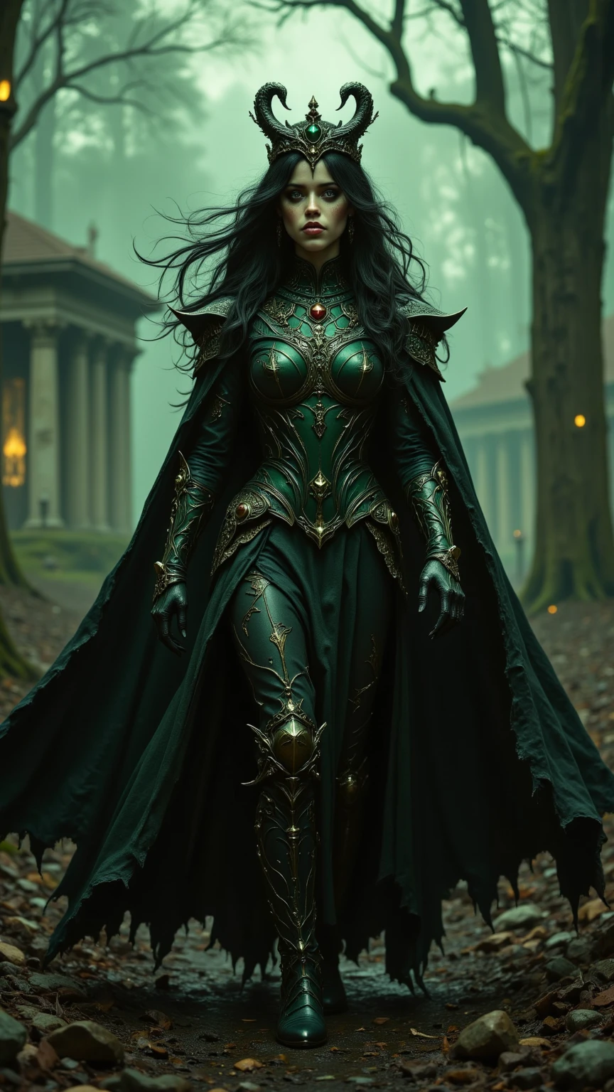 Girl with straight black hair, long to the middle of the back ((Heroine girl))Super hero, armored warrior, green and gold uniform((Robotic uniform)) ((Metallic uniform)), golden breastplate, gold mask, royal blue cape,sexly, ((Supergirl style)) com japanese sword na mão, japanese sword, Eastern sword, in a shady garden ((Lugar sombrio)) (( dark atmosphere)), surrounded by demonic figures ((demonic shadows)) ((demon in the form of black smoke))