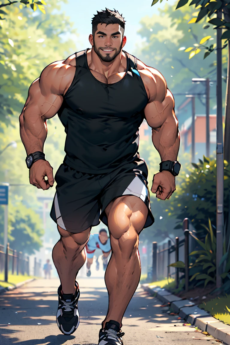 4k, masterpiece, high resolution:1.2, 1 man, 42 year old, solo, bara, muscular!!!, really tall, big physique (beast), bulk, hairy body, crew cut hair, facial hair, black hair, cute smile, friendly, running in a park, wearing red running shorts, wearing a big long black tank top, wearing a smart watch, sweaty body, wearing glasses, ultra detailed, flat style