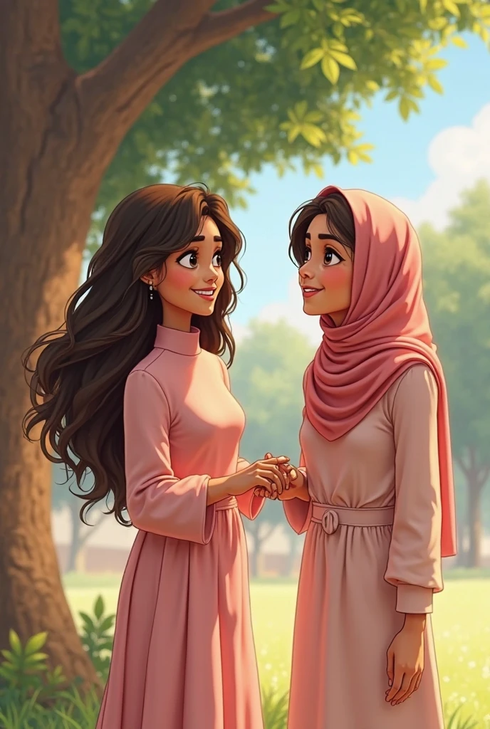 Create image of me and my friends. We are attending wedding  .We are girls 

One friend is short in height and she have short hair looking blood
Iam a tall person and have long hair 
Other friend is medium in height and wear hijab 

 