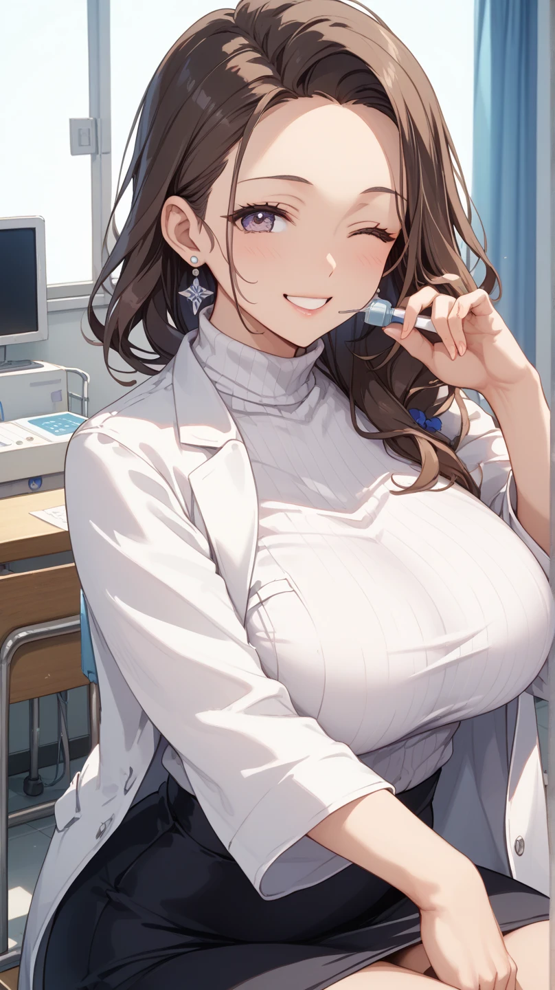 ((masterpiece), ((Highest quality)), (masterpiece,Highest quality,Official Art,Highly detailed CG Unity 8k wallpaper)、((Hourglass body type:1.3、Medium breast、Bewitching beauty))、((Examination room:1.8)), "A female doctor from the near future wears a highly functional uniform。Antifouling、antibacterial、Breathable、温度調節機能を持つ高性能素材で作られたクリーンなホワイトAlsoは淡いブルーのタイトフィットなラボコートを着ています。The lab coat has a slim design、Smart collar、Hidden snap buttons at cuffs、Has multiple storage pockets。下には吸湿速乾性のあるホワイトAlsoは淡いパステルカラーのシャツやブラウスを着ており、Tight fit for ease of movement、(The design emphasizes the cleavage.:1.6)。The pants are tight-fitting straight pants.、Alsoは膝丈のAラインスカートで、Both are made from the same high-performance materials。For footwear, wear comfortable, supportive white or silver flats or sneakers。As an accessory、Lightweight and highly sensitive stethoscopes available in silver and pastel colors、Simple and easy to read name tag design、Waterproof smartwatch、antibacterial仕様の使い捨て手袋があります。Also、It also has pockets for storing small electronic devices and tools.。"
