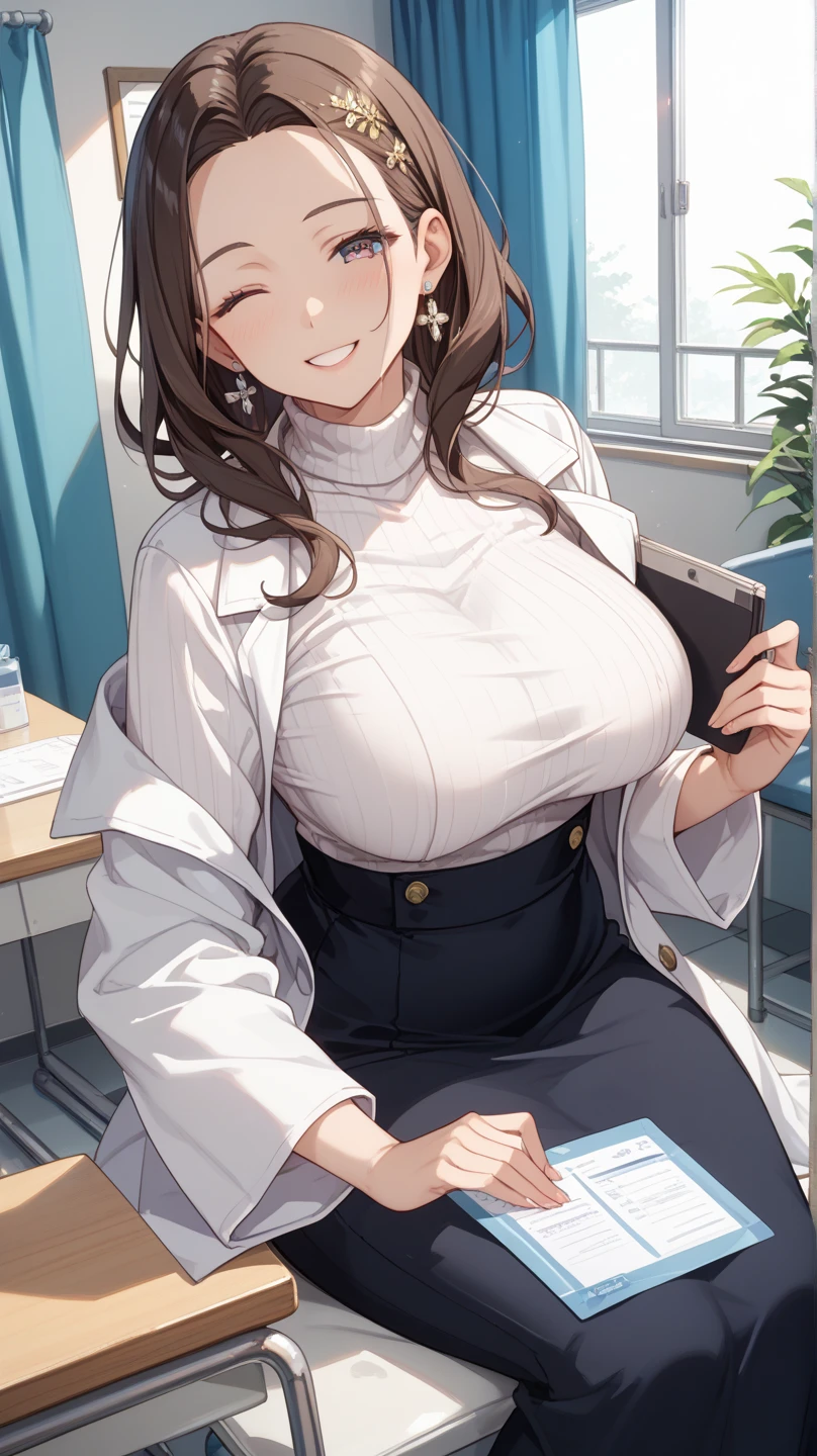 ((Tabletop, highest quality, High resolution, , Pixel Perfect, 4K,))), 1 female teacher, single, alone, beauty、The whole body is visible、 ((Mid-wave hair, bangs, Brown Hair)), ((Brown eyes, Beautiful eyelashes, Realistic eyes)), ((Detailed face, Blushing:1.2)), ((Smooth texture:0.75, Realistic texture:0.65, Realistic:1.1, Anime CG Style)), Center of chest, Dynamic Angle, Perfect body, (( , , Wearing a white coat、Female doctor、、, 、))、、Very embarrassing panic smile, 、black flared skirt、classroom、Sit on a chair、Lifting her skirt to show her panties、、(Showing off her white and pink floral lace panties、)、Angle from below)、