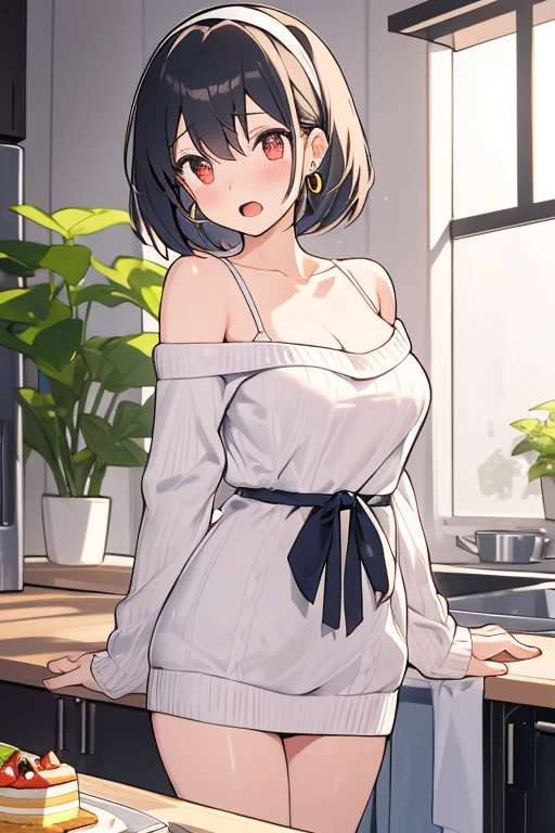 (masterpiece, best quality:1.2), sharp focus,
shiny skin,
mako, purple eyes, ahoge, ponytail,
sweater dress, white sweater, off-shoulder sweater, bra strap, black thighhighs,
looking at viewer, expressionless,
large breasts,
Style-Kitchen, kitchen,