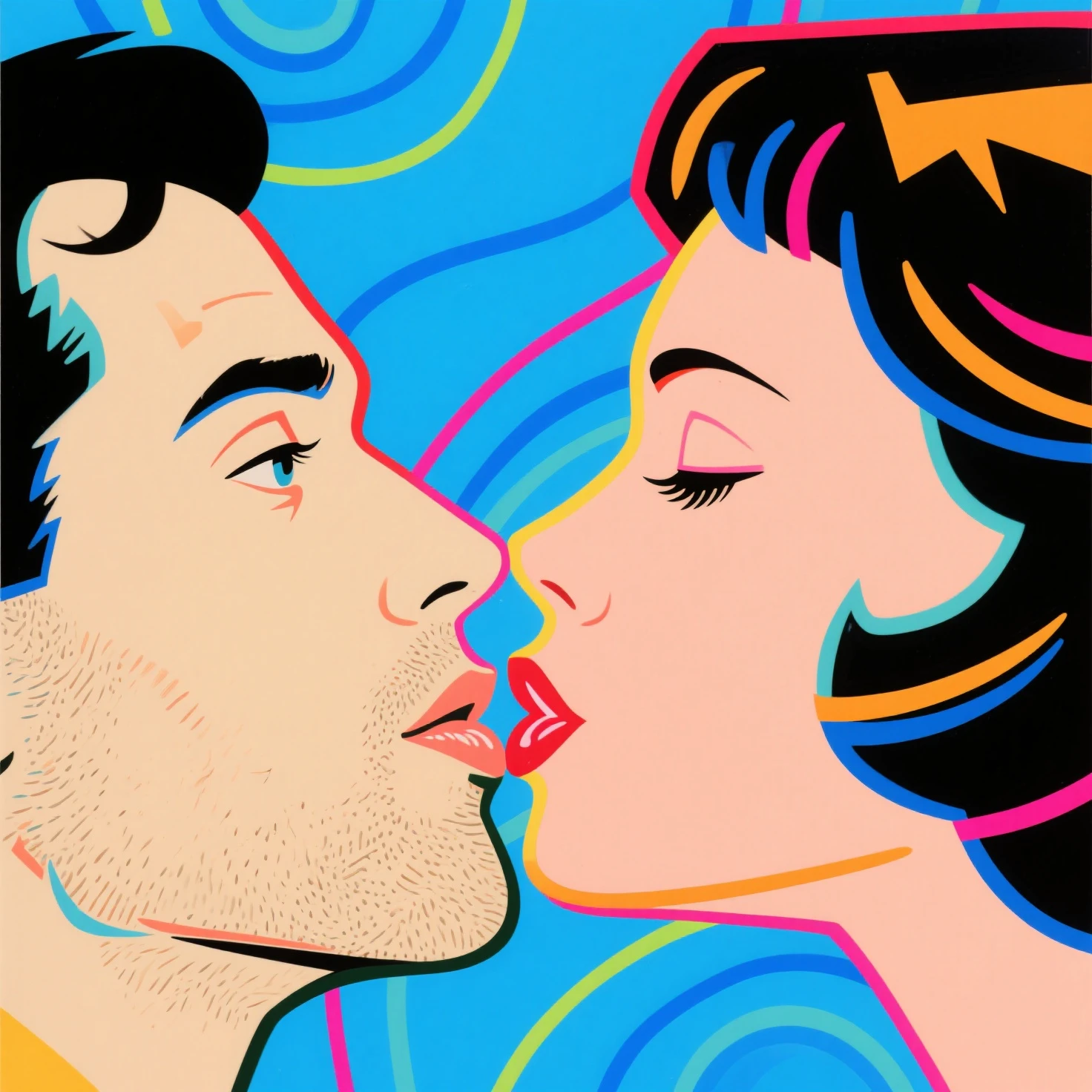A closeup of a person kissing a person with a mask on, o beijo, WPAP, inspirado em Milton Glaser, casal se beijando, beijos juntos, beijar boca a boca, beijando-se, lesbian art, arte vetorial multicolorida, Beijar, full-colour illustration, lesbian kiss, in illustration style digital, inspirado em Tom Wesselmann, Arte LGBT