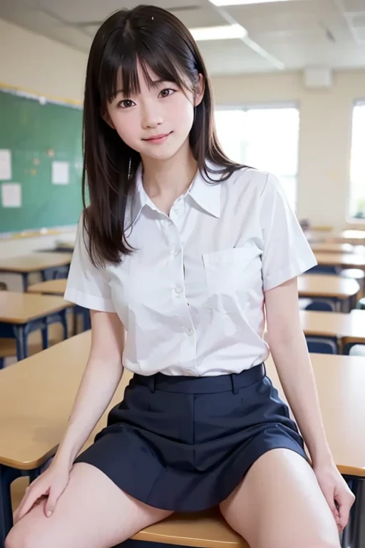 Top quality、Excellent detail、Extremely detailed depiction、(Raw photo:1.2)、Delicate skin、Ultra-high resolution、(Photorealistic、live-action)、Bright lighting、(Cute Japanese women)、(Baby Face、A seductive smile、Tongue sticking out a little)、(short hair、School uniforms、skirt、The chest is large:1.4)、(looking at the camera:1.2)、(Sitting:1.1)、(Spread legs、I can see your cute panties、Leg focus:1.4)、Perfect Anatomy、Full body shot