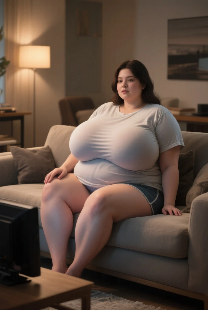Femme très grosse, assise dans des coussins, Makima, bbwchan, cheveux rouges et yeux jaunes, double menton, elle touche son gros ventre mou et rebondi. Elle porte un short en jean et un haut en dentelle, belle lumière sur elle, magnifique femme obese